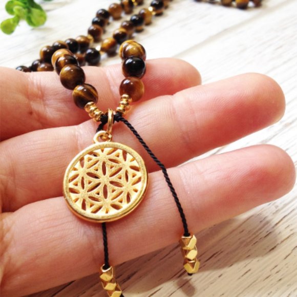NEW! Tigers Eye Mala Beads 6mm Gold Flower Of Life Pendant Necklace High Quality - Picture 2 of 3